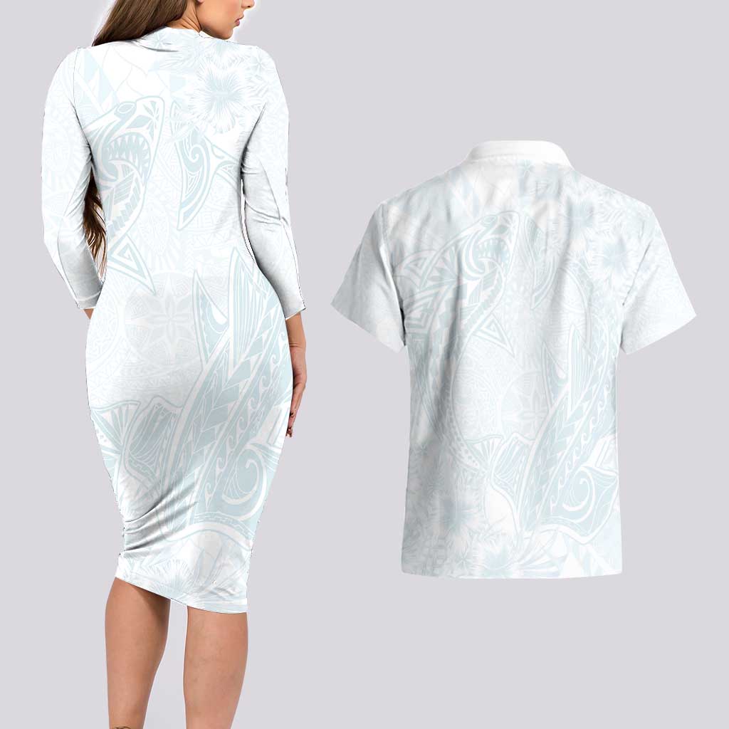 Polynesia Couples Matching Long Sleeve Bodycon Dress and Hawaiian Shirt Sharks Duo Tropical Off White LT7 - Polynesian Pride