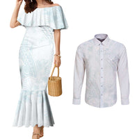 Polynesia Couples Matching Mermaid Dress and Long Sleeve Button Shirt Sharks Duo Tropical Off White LT7 White - Polynesian Pride