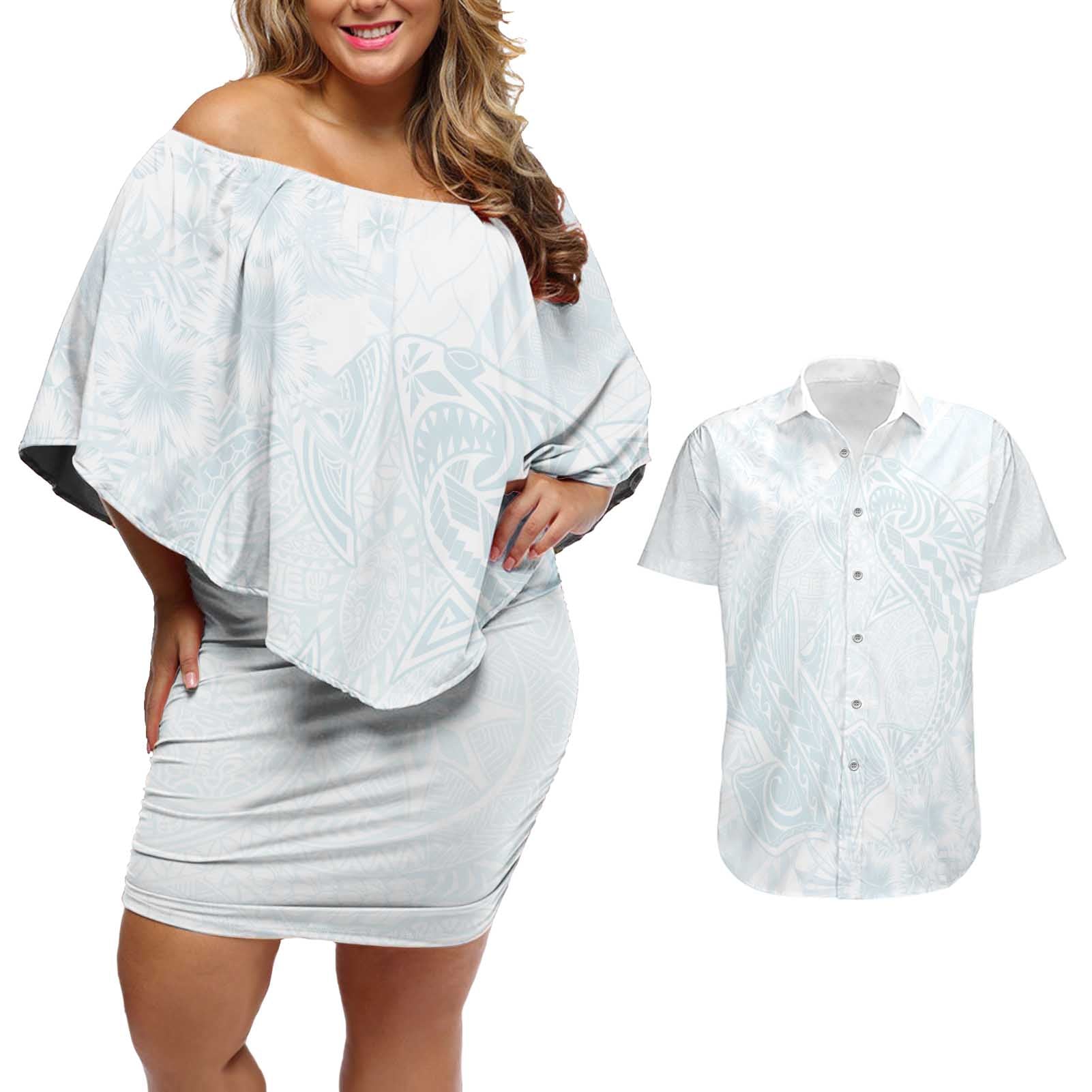 Polynesia Couples Matching Off Shoulder Short Dress and Hawaiian Shirt Sharks Duo Tropical Off White