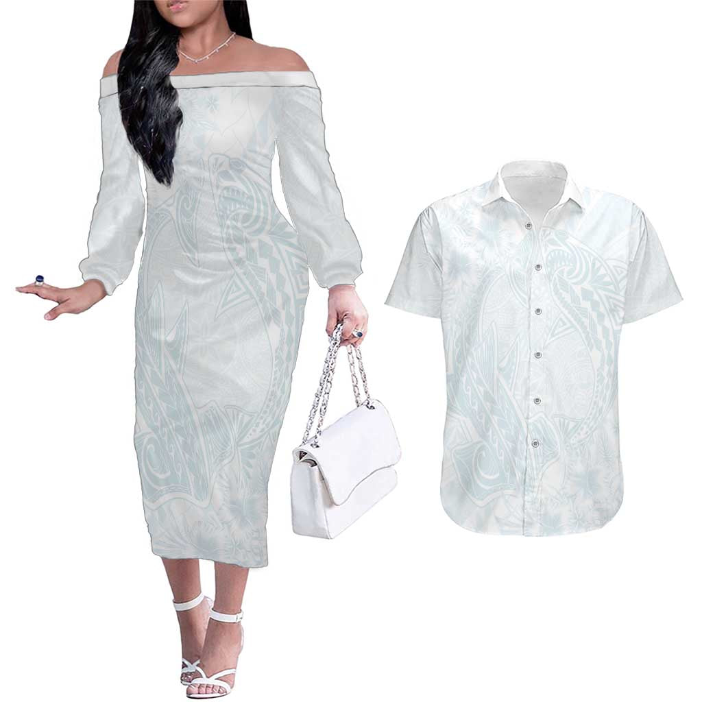 Polynesia Couples Matching Off The Shoulder Long Sleeve Dress and Hawaiian Shirt Sharks Duo Tropical Off White LT7 White - Polynesian Pride