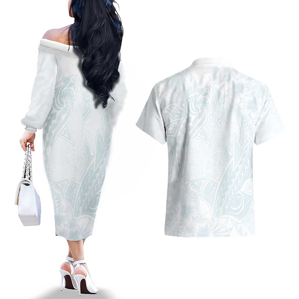 Polynesia Couples Matching Off The Shoulder Long Sleeve Dress and Hawaiian Shirt Sharks Duo Tropical Off White LT7 - Polynesian Pride