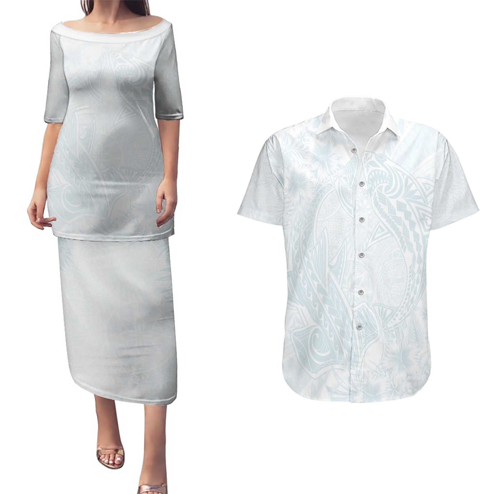 Polynesia Couples Matching Puletasi and Hawaiian Shirt Sharks Duo Tropical Off White LT7 White - Polynesian Pride