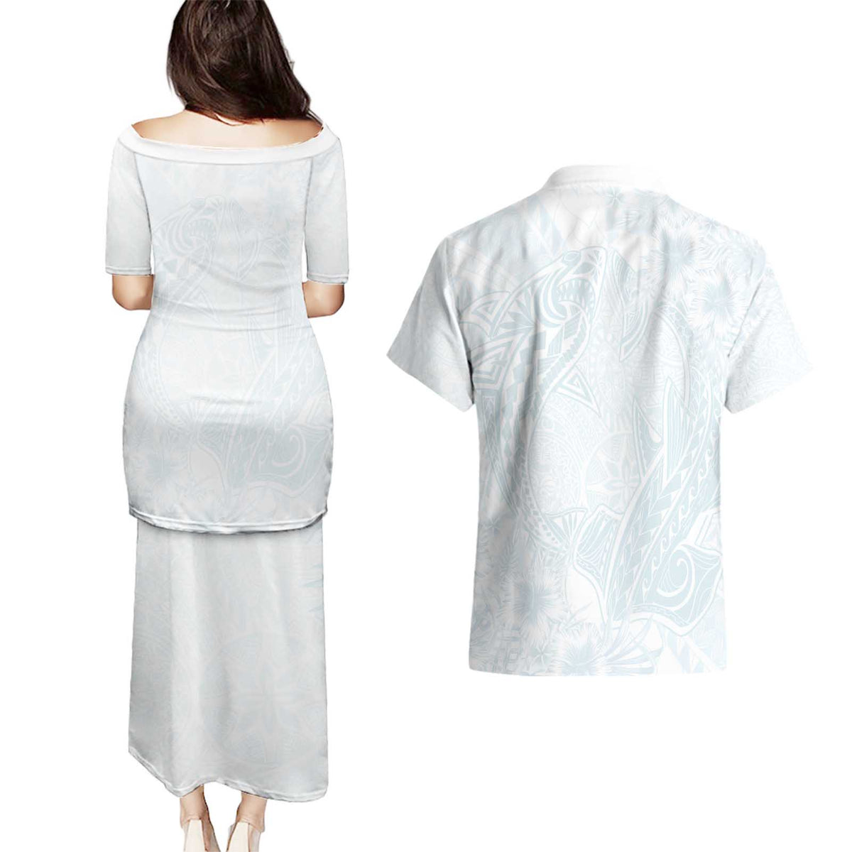 Polynesia Couples Matching Puletasi and Hawaiian Shirt Sharks Duo Tropical Off White LT7 - Polynesian Pride