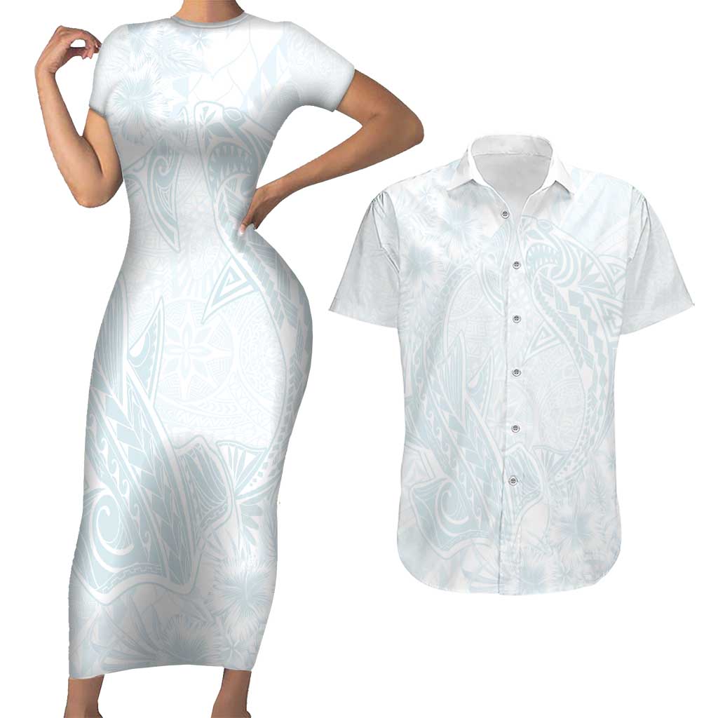 Polynesia Couples Matching Short Sleeve Bodycon Dress and Hawaiian Shirt Sharks Duo Tropical Off White LT7 White - Polynesian Pride