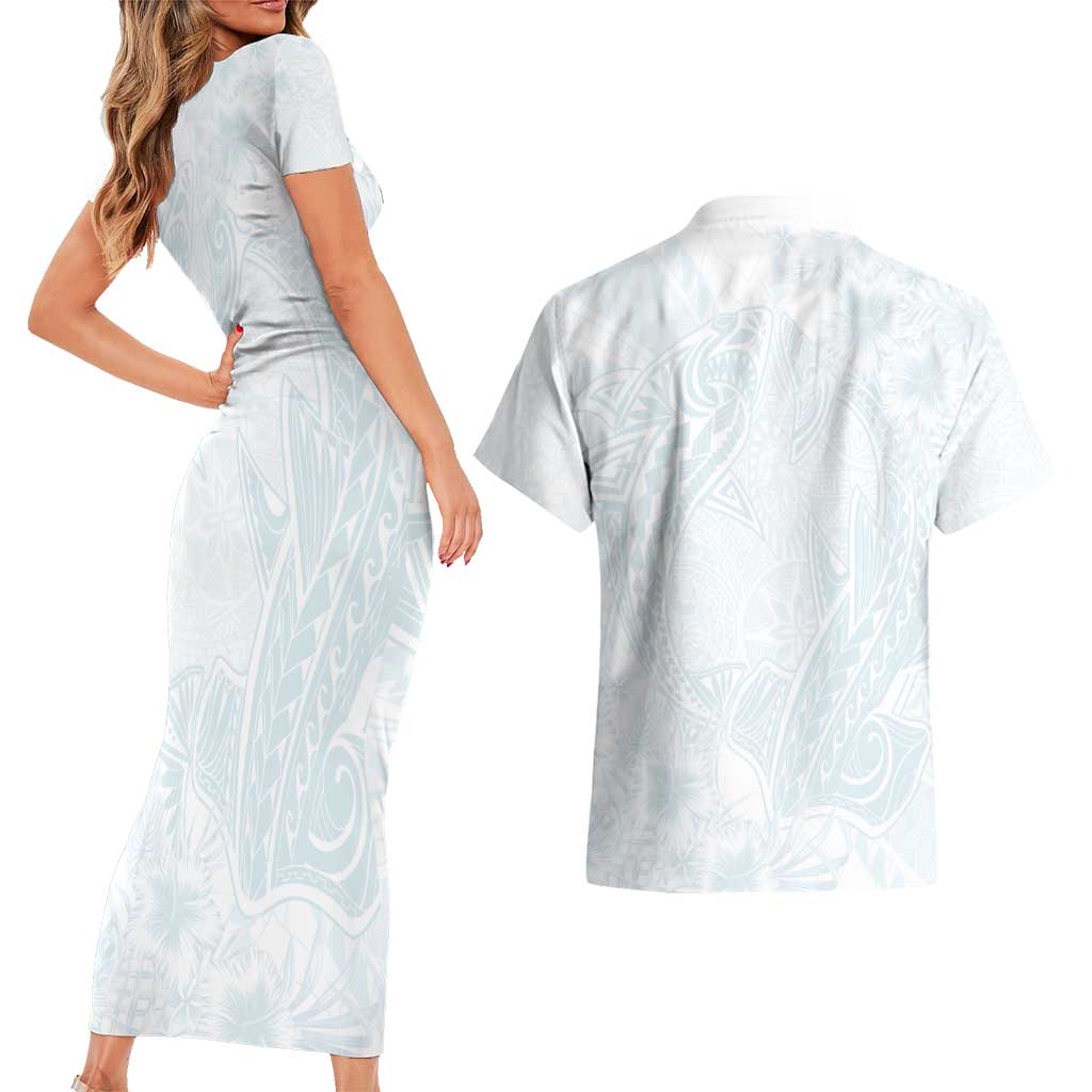 Polynesia Couples Matching Short Sleeve Bodycon Dress and Hawaiian Shirt Sharks Duo Tropical Off White LT7 - Polynesian Pride