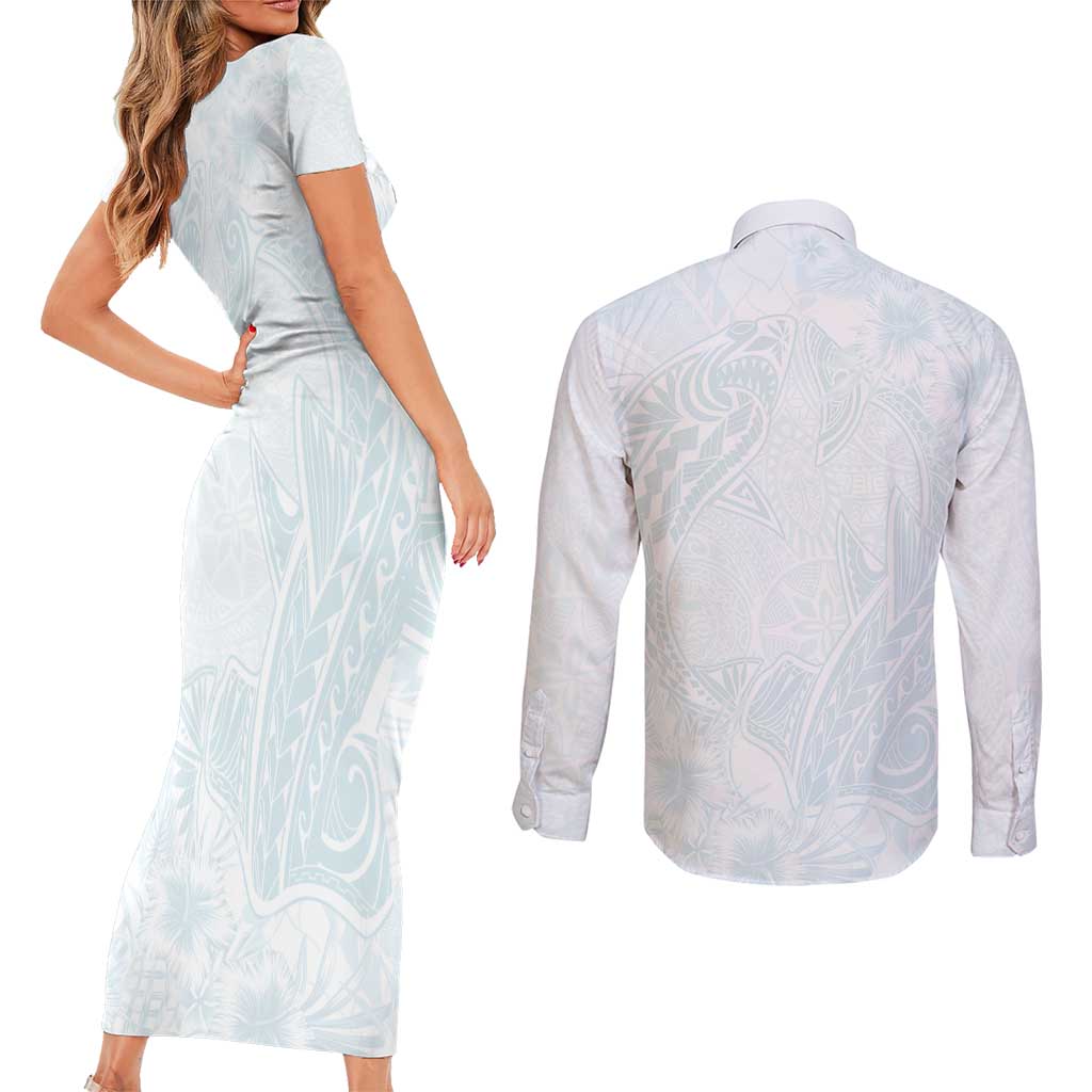 Polynesia Couples Matching Short Sleeve Bodycon Dress and Long Sleeve Button Shirt Sharks Duo Tropical Off White LT7 - Polynesian Pride