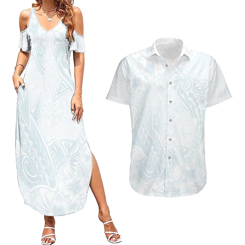 Polynesia Couples Matching Summer Maxi Dress and Hawaiian Shirt Sharks Duo Tropical Off White LT7 White - Polynesian Pride