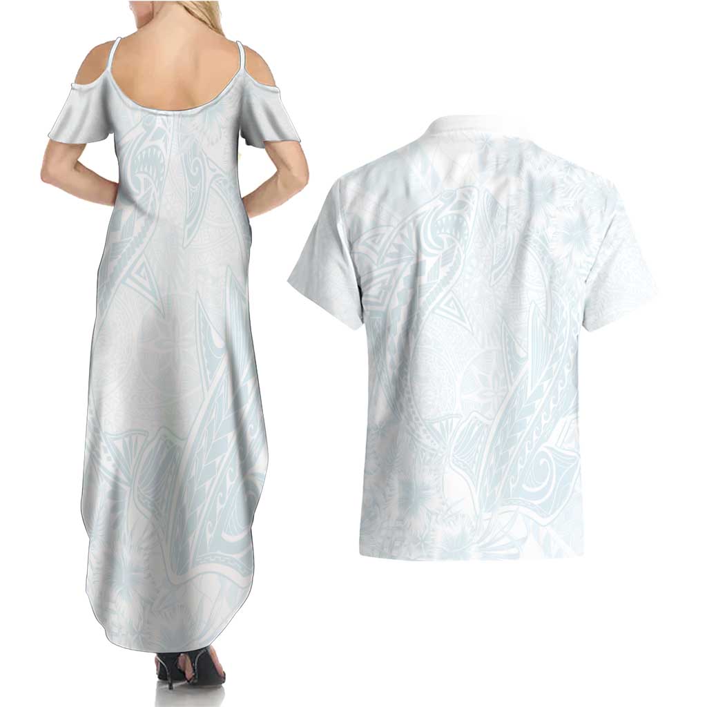 Polynesia Couples Matching Summer Maxi Dress and Hawaiian Shirt Sharks Duo Tropical Off White LT7 - Polynesian Pride