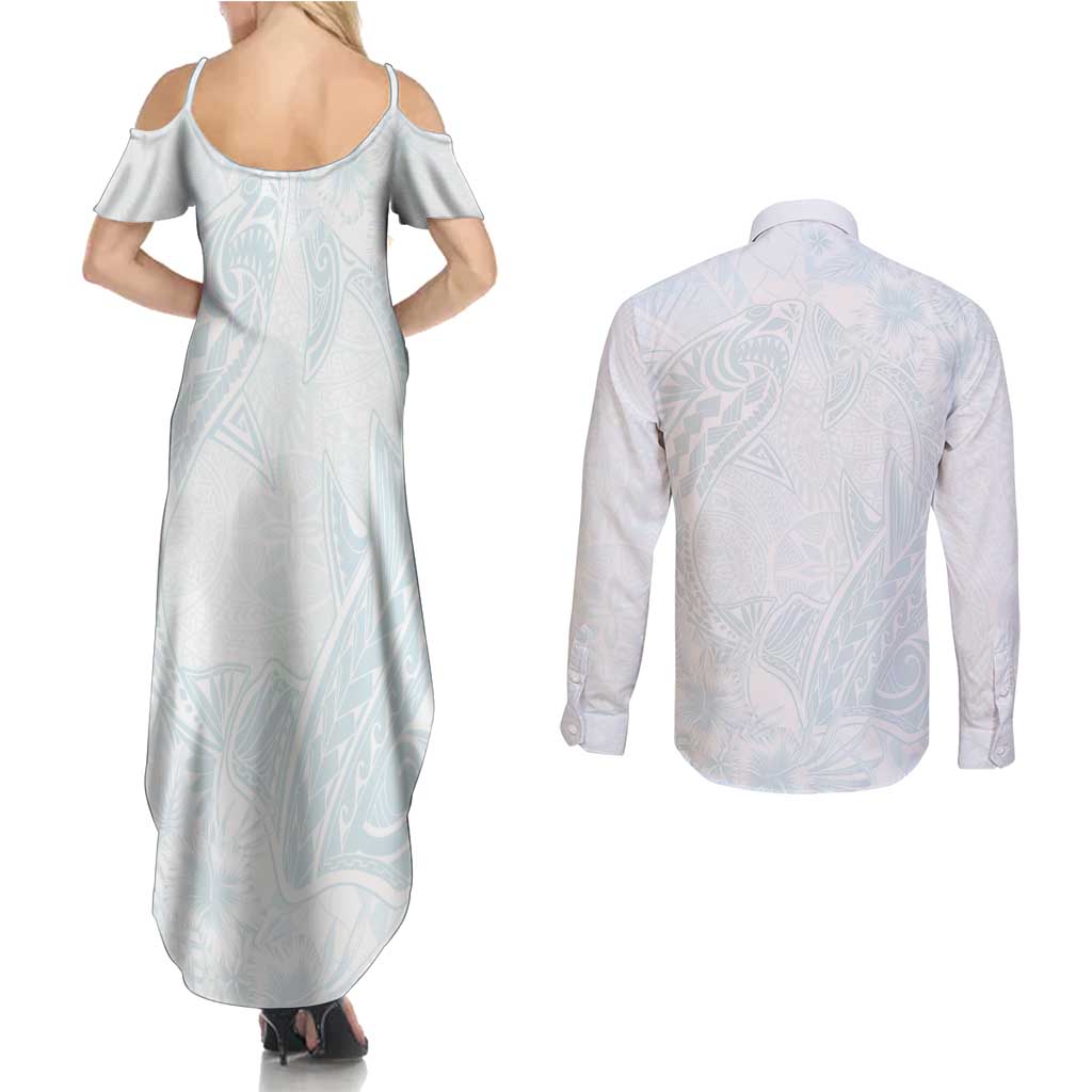 Polynesia Couples Matching Summer Maxi Dress and Long Sleeve Button Shirt Sharks Duo Tropical Off White LT7 - Polynesian Pride