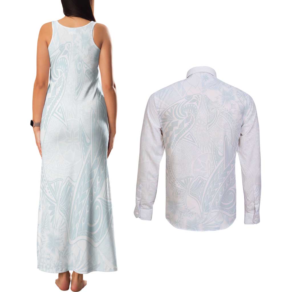 Polynesia Couples Matching Tank Maxi Dress and Long Sleeve Button Shirt Sharks Duo Tropical Off White LT7 - Polynesian Pride