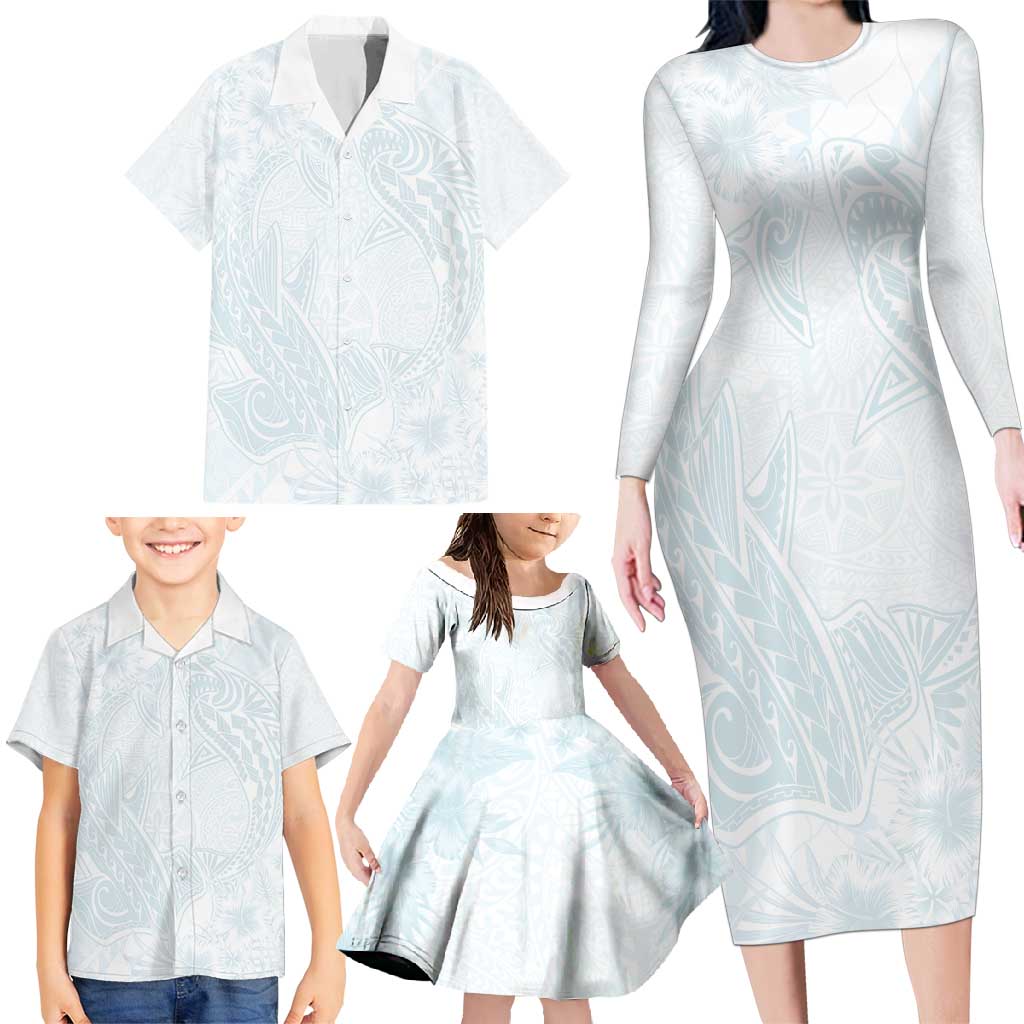 Polynesia Family Matching Long Sleeve Bodycon Dress and Hawaiian Shirt Sharks Duo Tropical Off White