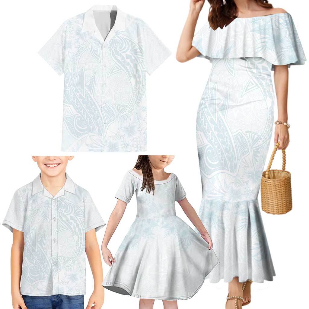 Polynesia Family Matching Mermaid Dress and Hawaiian Shirt Sharks Duo Tropical Off White