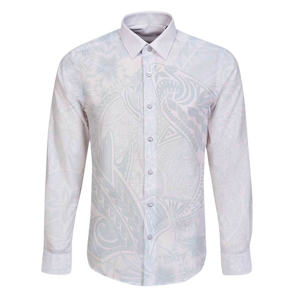 Polynesia Family Matching Mermaid Dress and Hawaiian Shirt Sharks Duo Tropical Off White LT7 Dad's Shirt - Long Sleeve White - Polynesian Pride