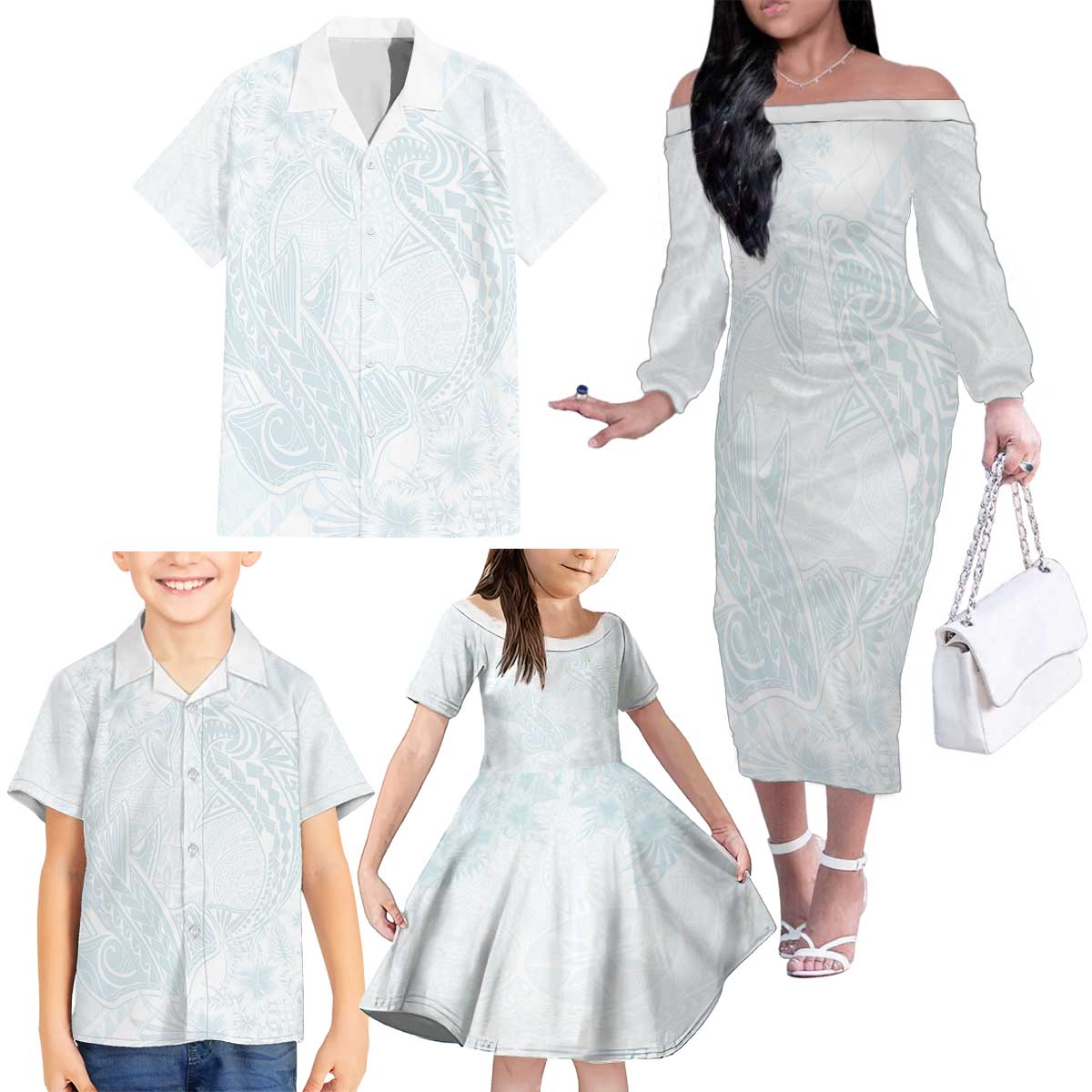 Polynesia Family Matching Off The Shoulder Long Sleeve Dress and Hawaiian Shirt Sharks Duo Tropical Off White LT7 - Polynesian Pride
