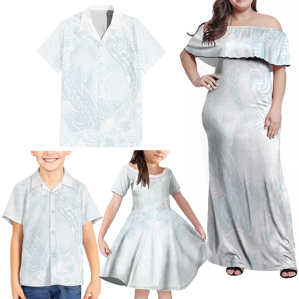 Polynesia Family Matching Off Shoulder Maxi Dress and Hawaiian Shirt Sharks Duo Tropical Off White