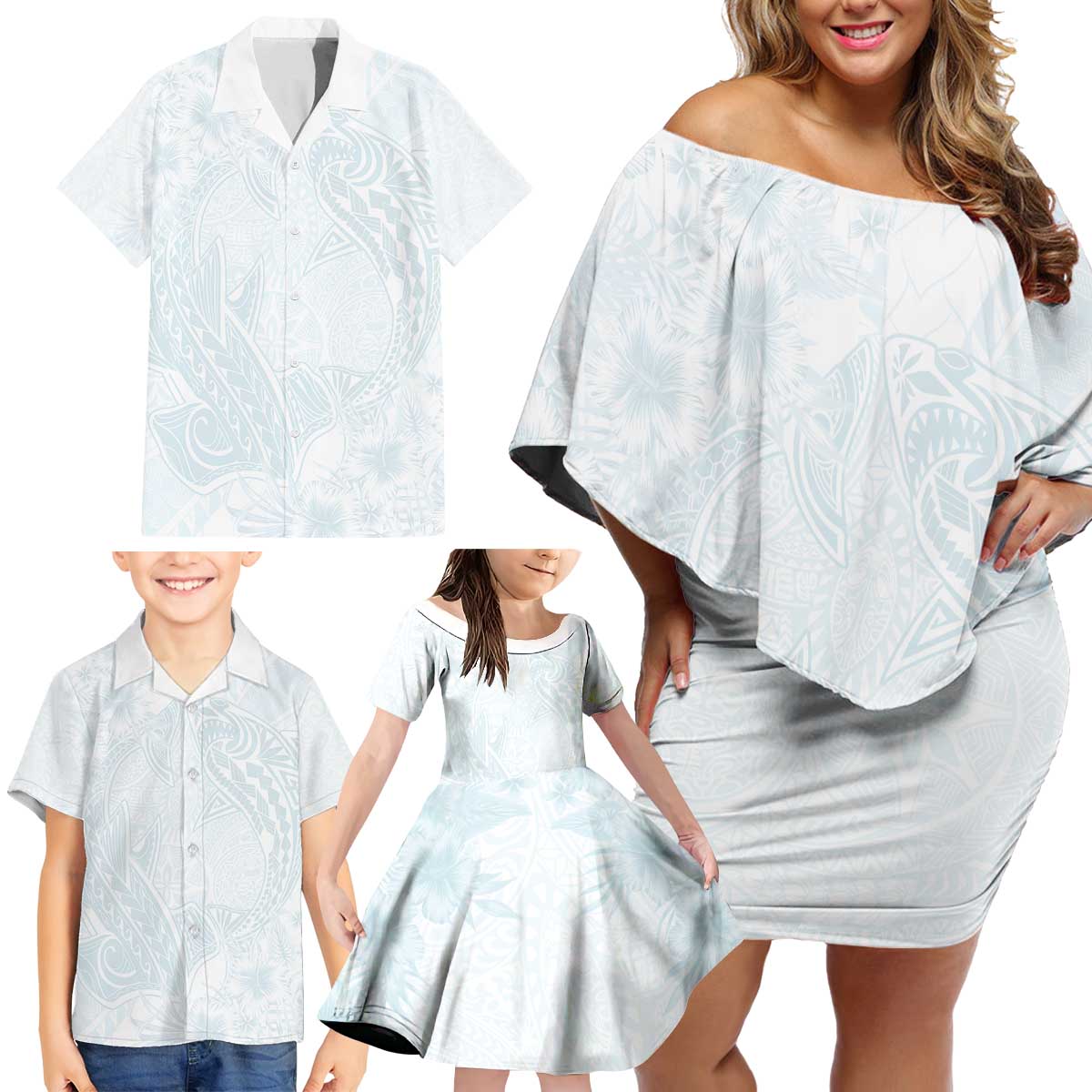 Polynesia Family Matching Off Shoulder Short Dress and Hawaiian Shirt Sharks Duo Tropical Off White LT7 - Polynesian Pride