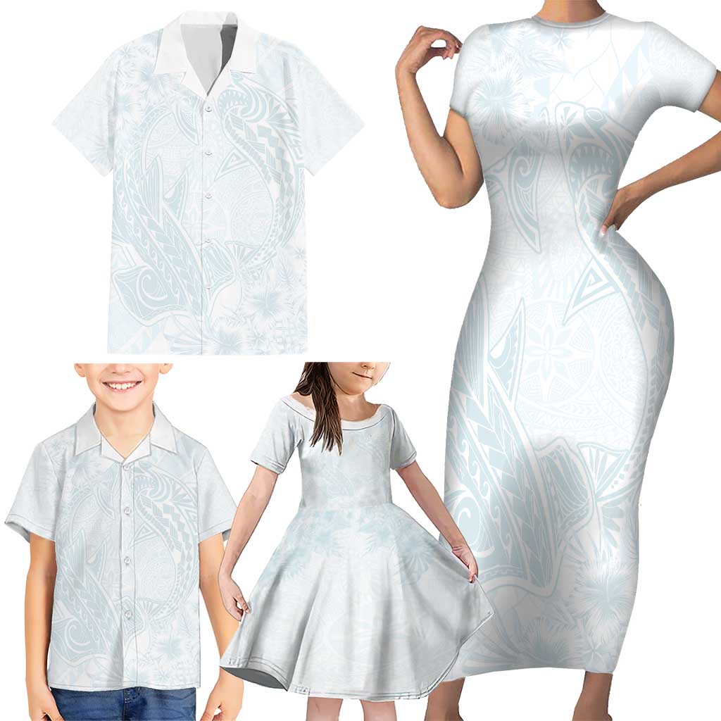 Polynesia Family Matching Short Sleeve Bodycon Dress and Hawaiian Shirt Sharks Duo Tropical Off White