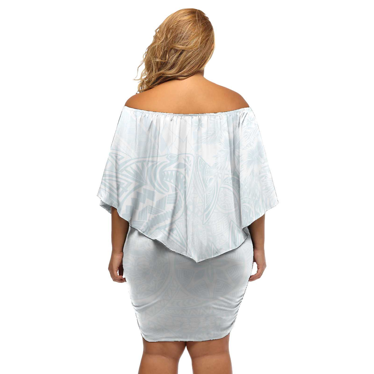 Polynesia Off Shoulder Short Dress Sharks Duo Tropical Off White LT7 - Polynesian Pride