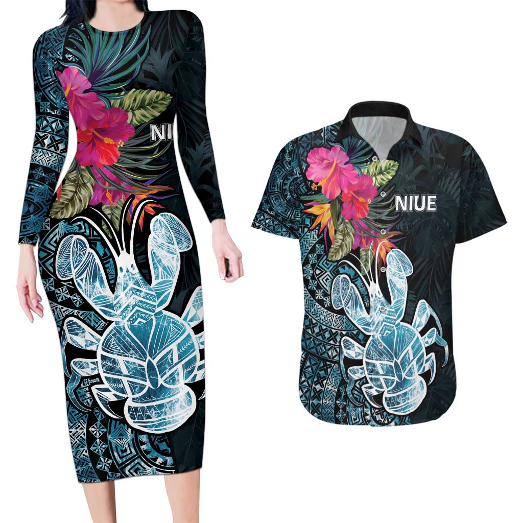 Niue Personalised Couples Matching Long Sleeve Bodycon Dress and Hawaiian Shirt Hiapo Mix Coconut Crab