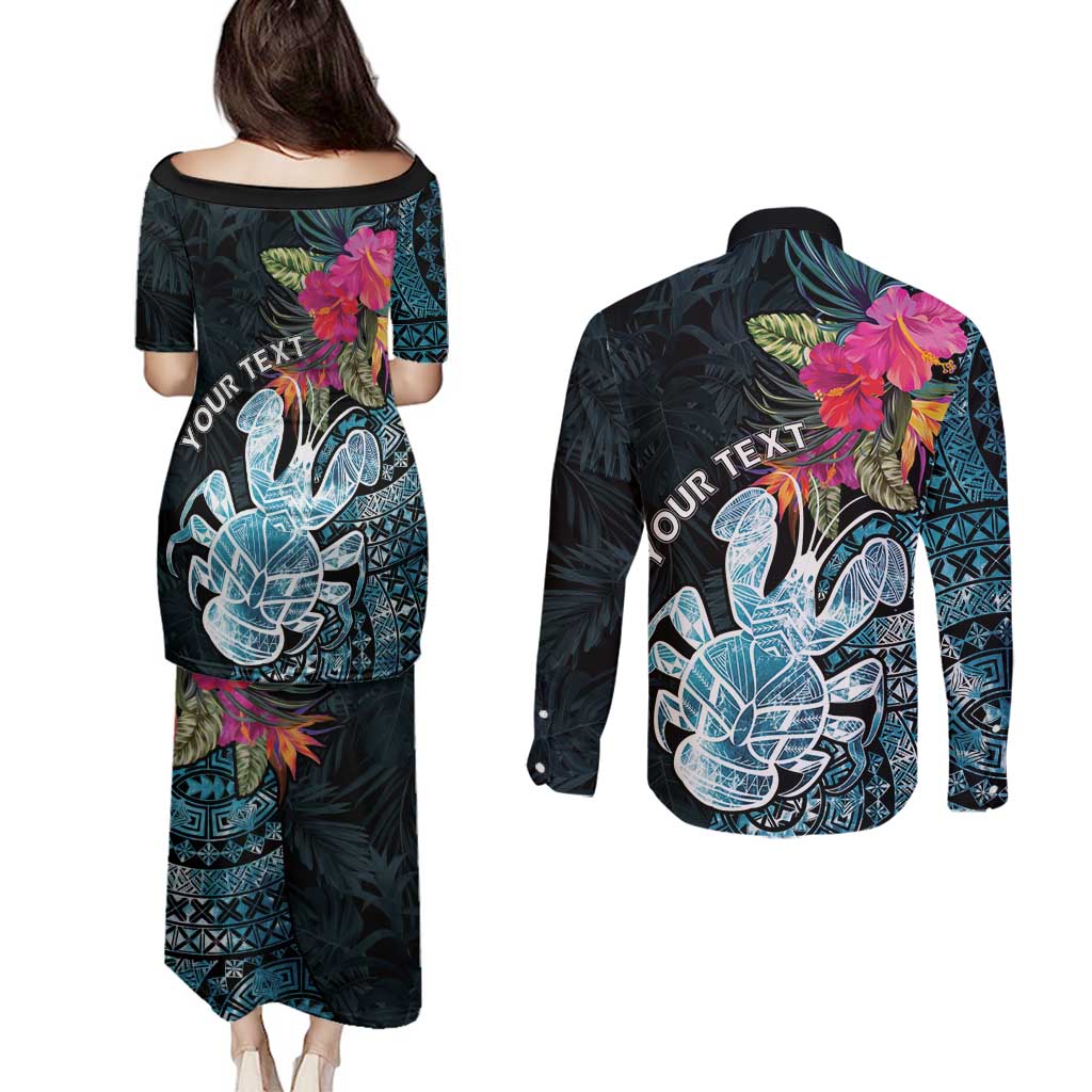 Niue Personalised Couples Matching Puletasi and Long Sleeve Button Shirt Hiapo Mix Coconut Crab LT7 - Polynesian Pride