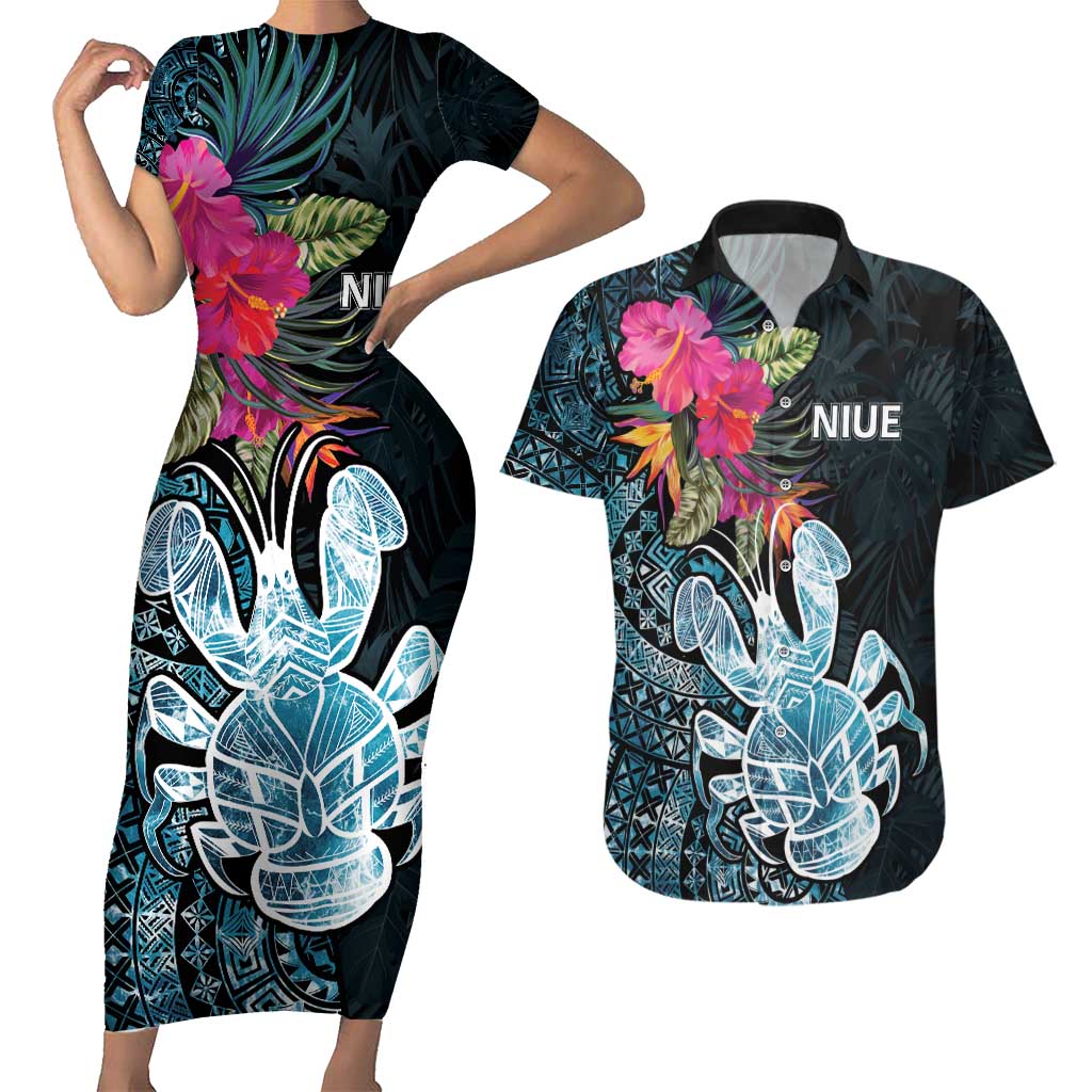 Niue Personalised Couples Matching Short Sleeve Bodycon Dress and Hawaiian Shirt Hiapo Mix Coconut Crab