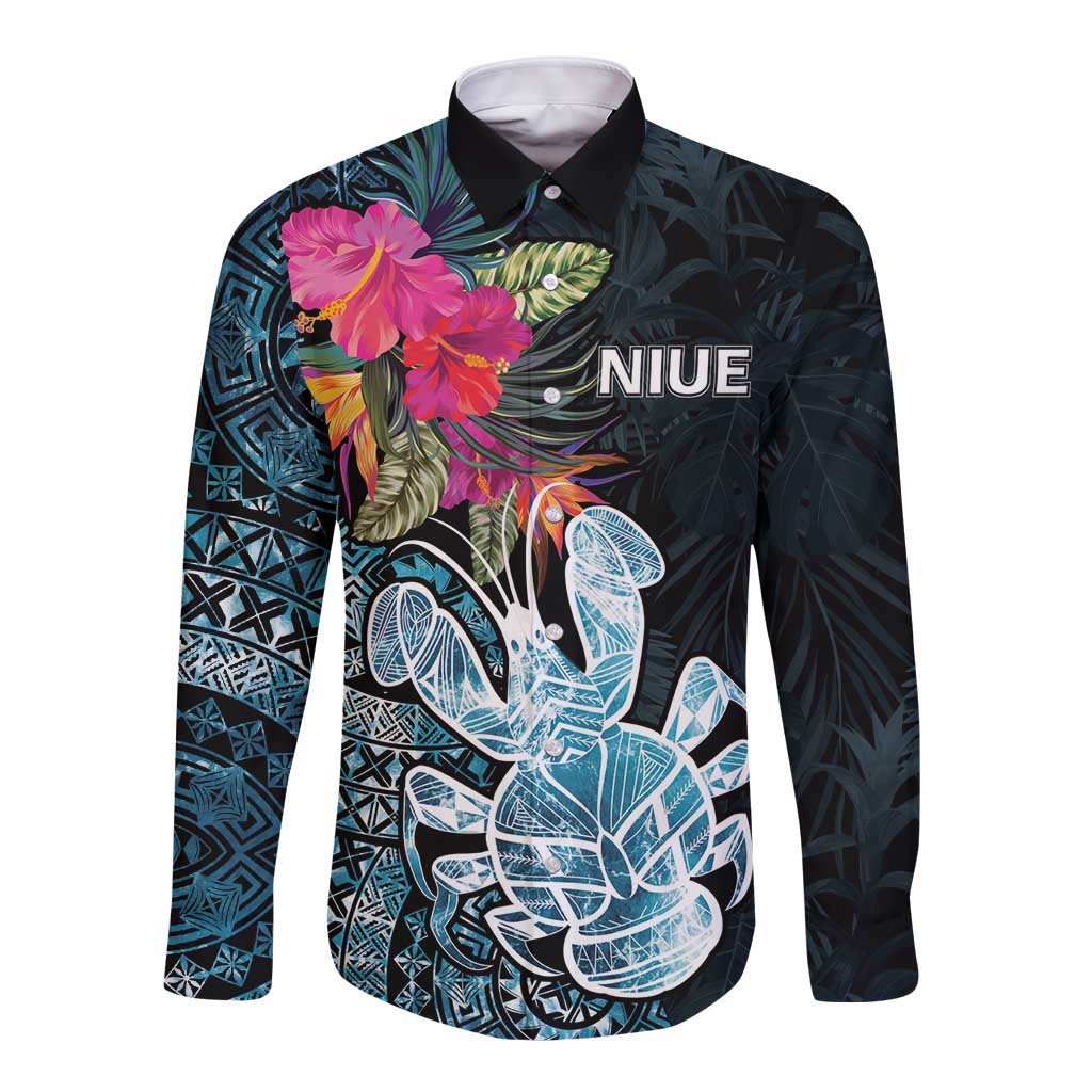 Niue Personalised Long Sleeve Button Shirt Hiapo Mix Coconut Crab