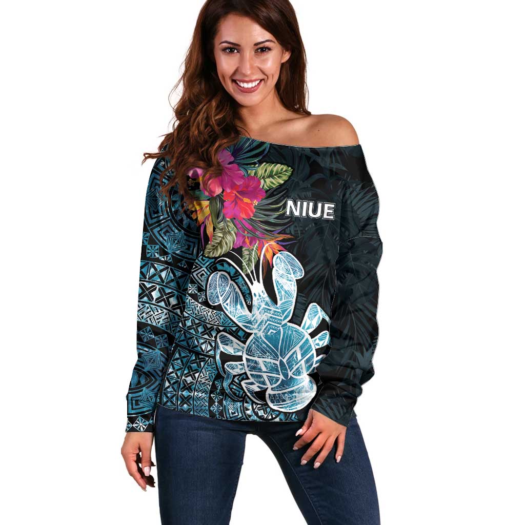 Niue Personalised Off Shoulder Sweater Hiapo Mix Coconut Crab