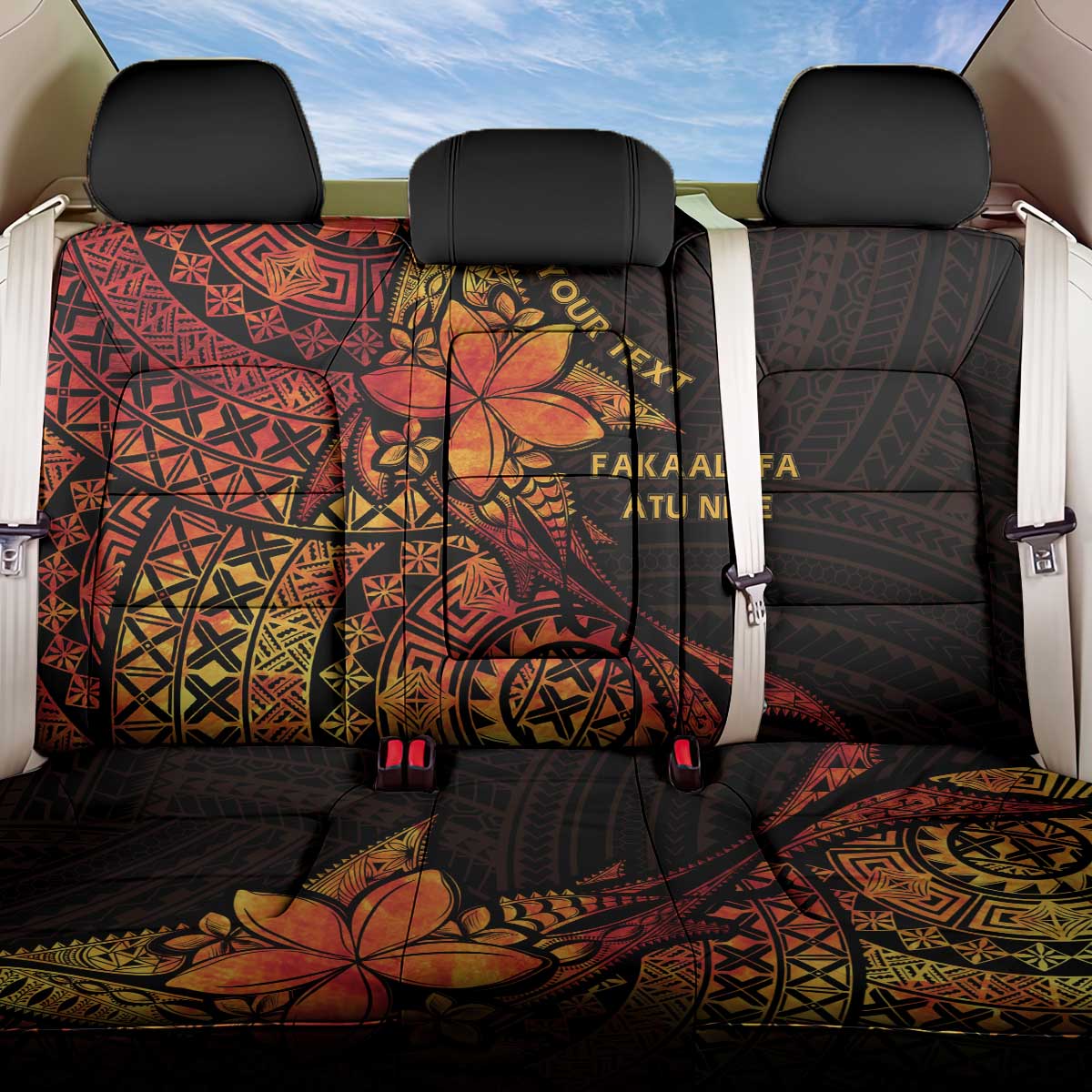 Niue Fakaalofa Atu Personalised Back Car Seat Cover Whale Hiapo Fiery Motif