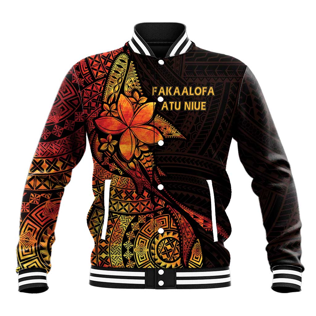 Niue Fakaalofa Atu Personalised Baseball Jacket Whale Hiapo Fiery Motif LT7 Unisex Art - Polynesian Pride