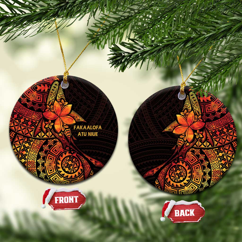 Niue Fakaalofa Atu Ceramic Ornament Whale Hiapo Fiery Motif LT7 Circle Art - Polynesian Pride
