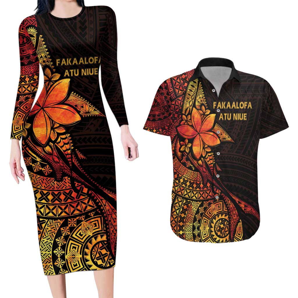 Niue Fakaalofa Atu Personalised Couples Matching Long Sleeve Bodycon Dress and Hawaiian Shirt Whale Hiapo Fiery Motif