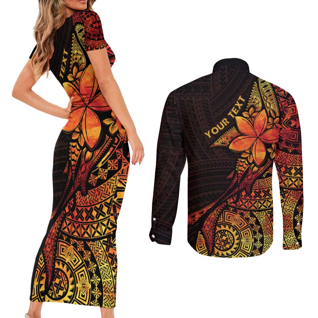 Niue Fakaalofa Atu Personalised Couples Matching Short Sleeve Bodycon Dress and Long Sleeve Button Shirt Whale Hiapo Fiery Motif