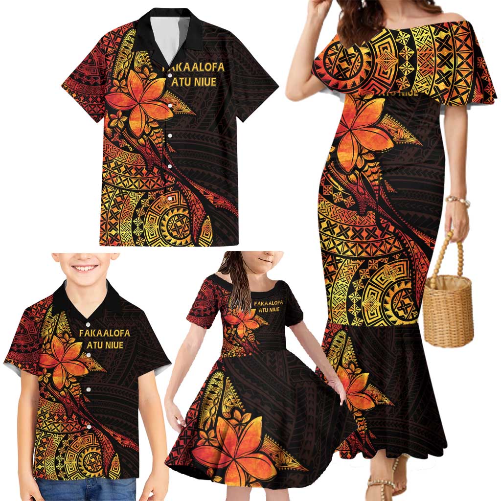 Niue Fakaalofa Atu Personalised Family Matching Mermaid Dress and Hawaiian Shirt Whale Hiapo Fiery Motif