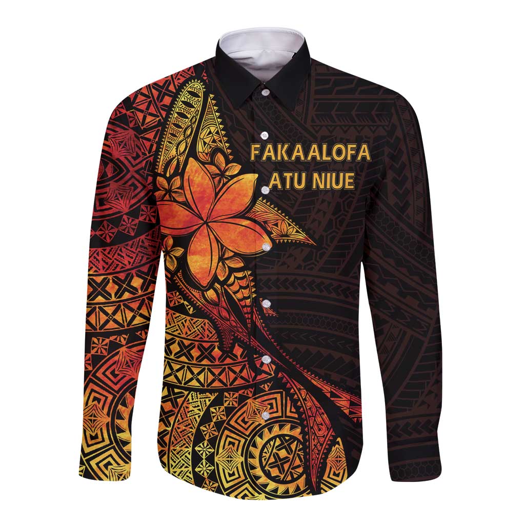 Niue Fakaalofa Atu Personalised Long Sleeve Button Shirt Whale Hiapo Fiery Motif