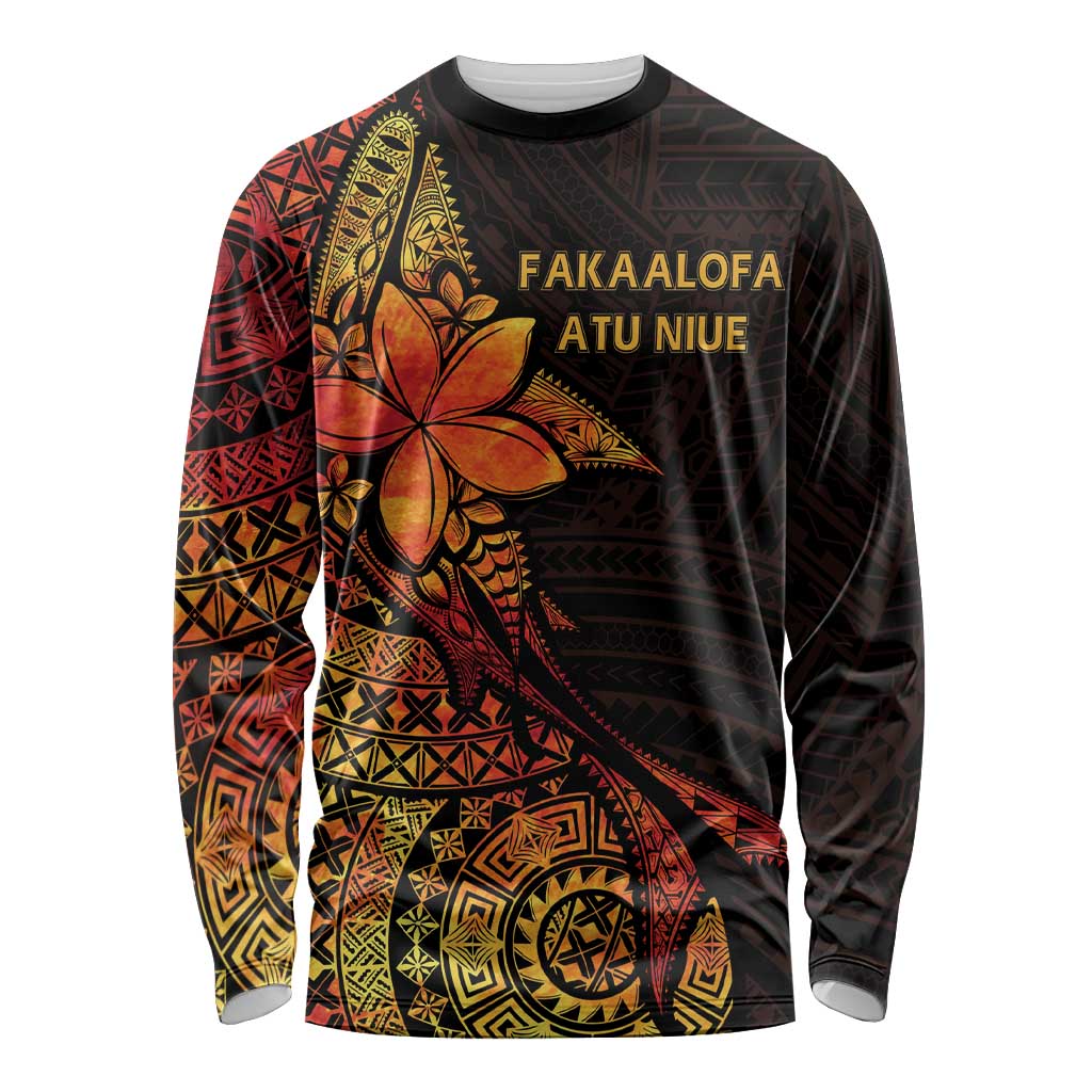 Niue Fakaalofa Atu Personalised Long Sleeve Shirt Whale Hiapo Fiery Motif