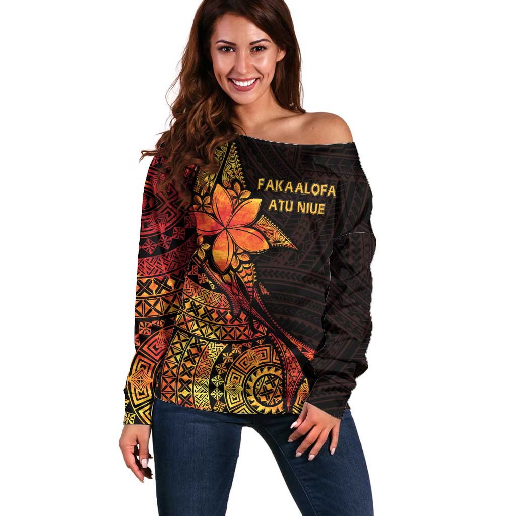 Niue Fakaalofa Atu Personalised Off Shoulder Sweater Whale Hiapo Fiery Motif