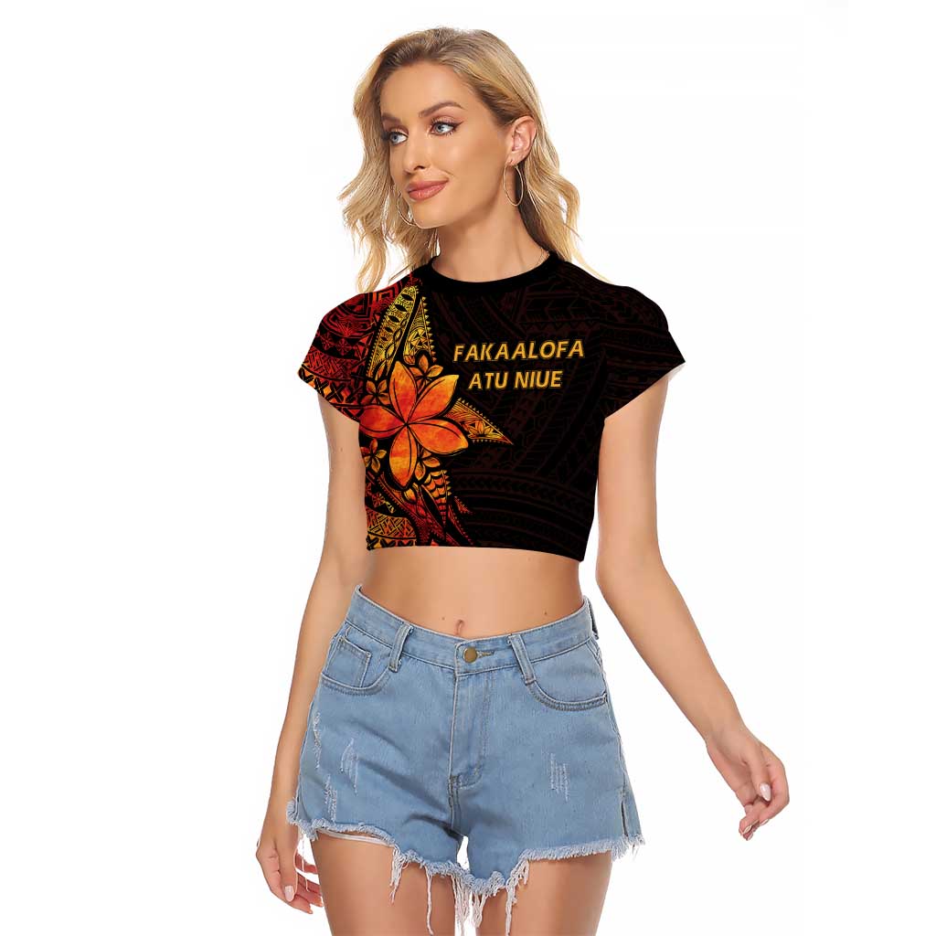 Niue Fakaalofa Atu Personalised Raglan Cropped T Shirt Whale Hiapo Fiery Motif LT7 Female Art - Polynesian Pride
