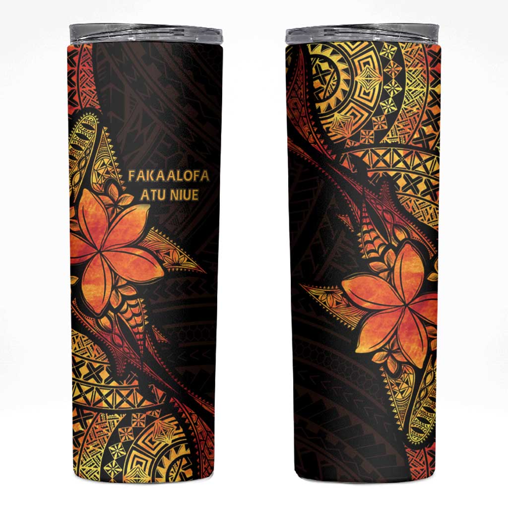 Niue Fakaalofa Atu Skinny Tumbler Whale Hiapo Fiery Motif