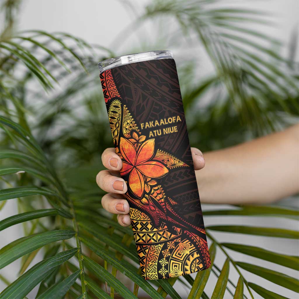 Niue Fakaalofa Atu Skinny Tumbler Whale Hiapo Fiery Motif
