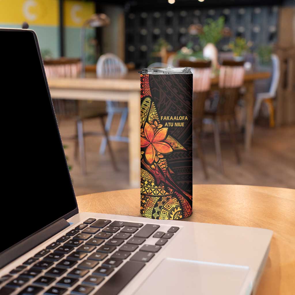 Niue Fakaalofa Atu Skinny Tumbler Whale Hiapo Fiery Motif