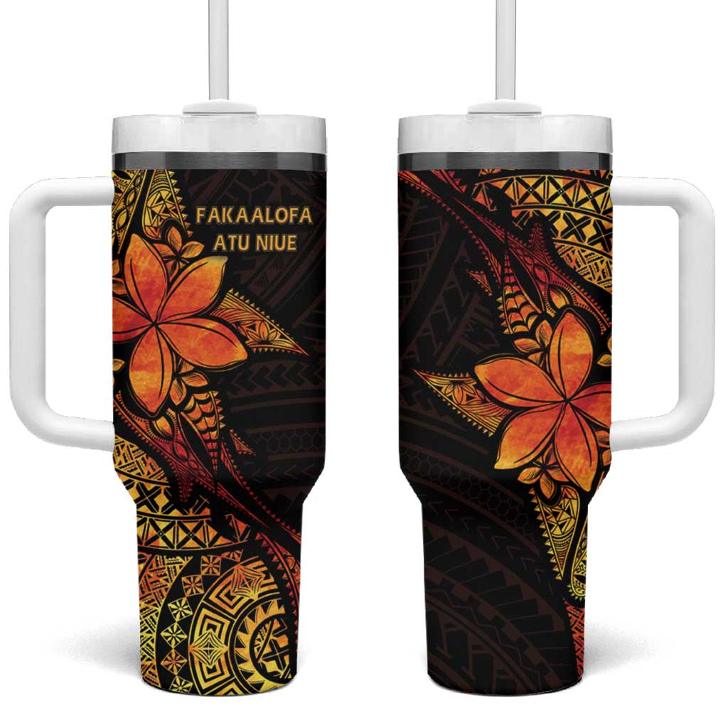 Niue Fakaalofa Atu Tumbler With Handle Whale Hiapo Fiery Motif LT7 One Size: 40 oz Art - Polynesian Pride
