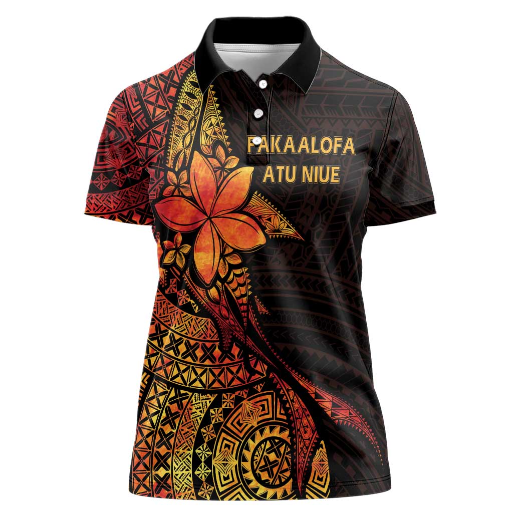 Niue Fakaalofa Atu Personalised Women Polo Shirt Whale Hiapo Fiery Motif