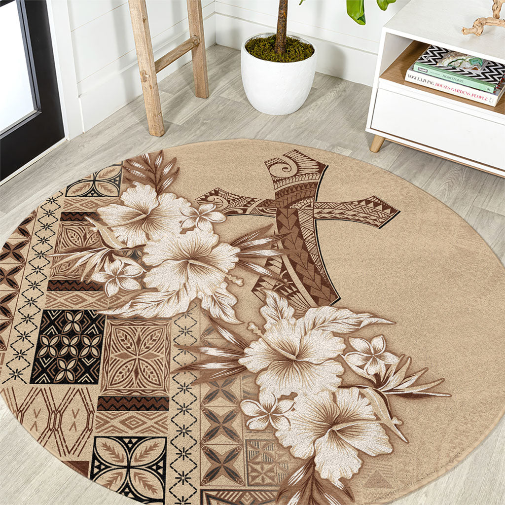 Samoa AIGA Mamanu Siapo Malu Motifs Round Carpet LT7 Beige - Polynesian Pride