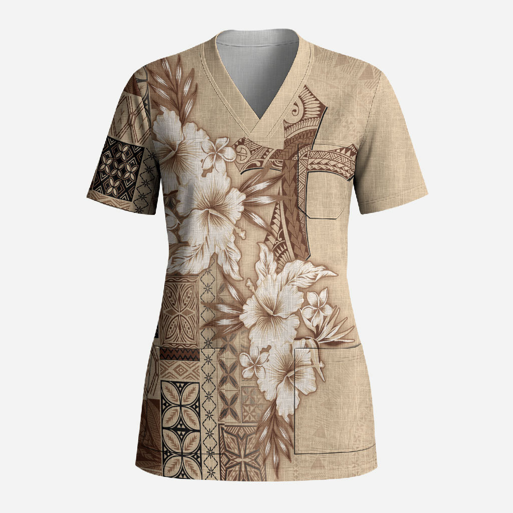 Samoa AIGA Mamanu Siapo Malu Motifs Scrub Top LT7 Adult Beige - Polynesian Pride
