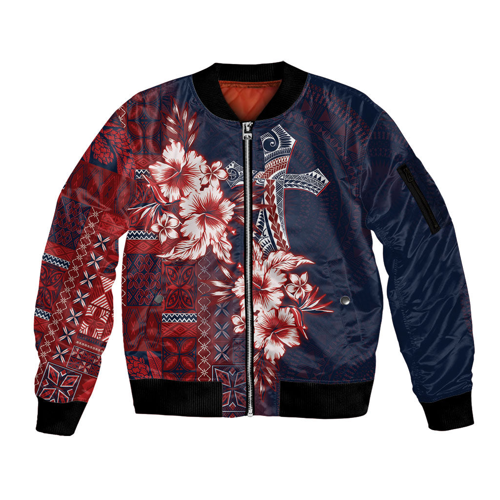 Samoa AIGA Mamanu Siapo Malu Motifs Sleeve Zip Bomber Jacket Flag Color LT7 Unisex Navy Blue - Polynesian Pride