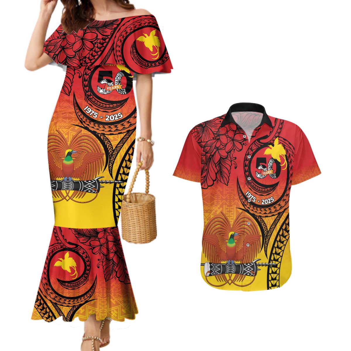 Papua New Guinea 50 Years Couples Matching Mermaid Dress and Hawaiian Shirt Motuan Motifs LT7 Colorful - Polynesian Pride