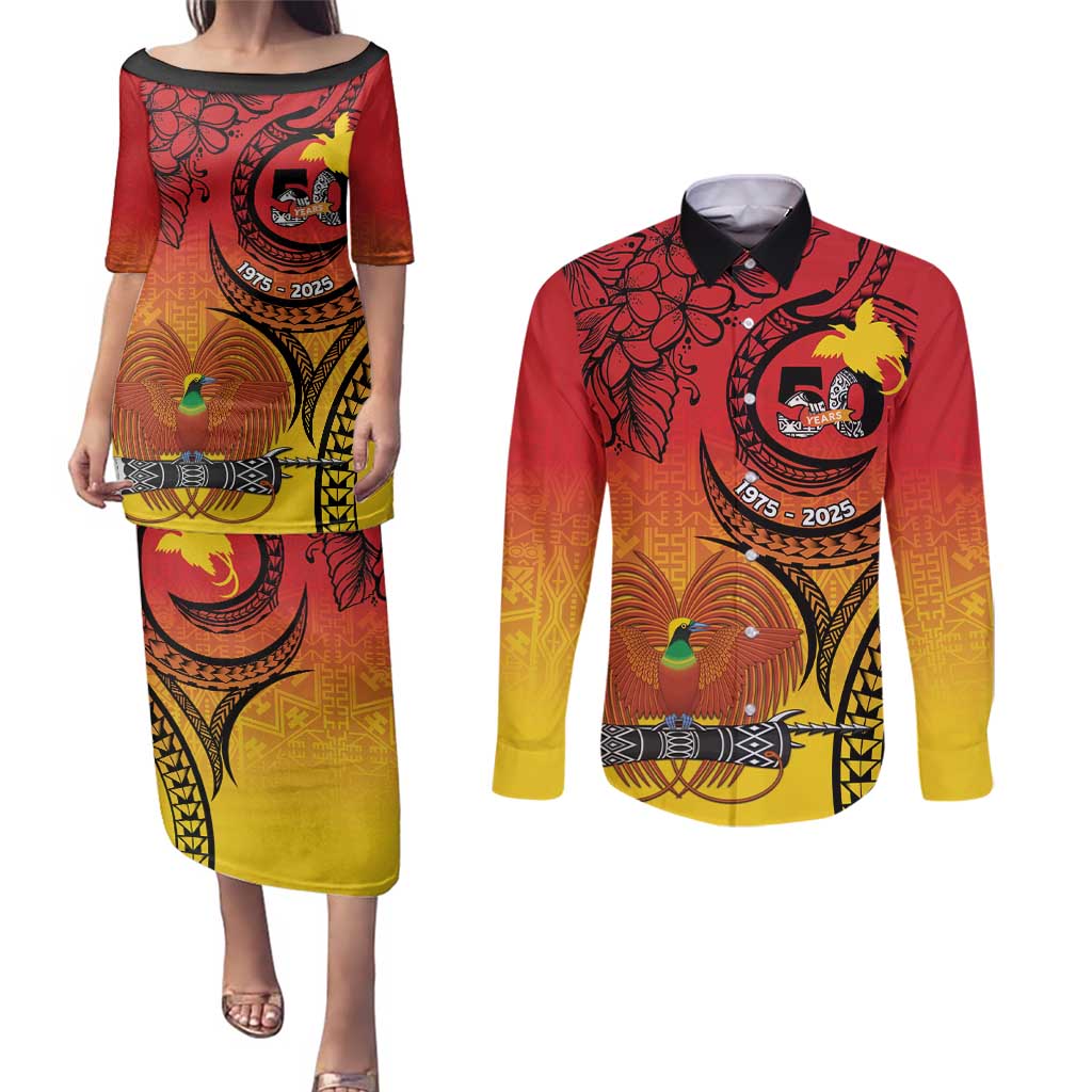 Papua New Guinea 50 Years Couples Matching Puletasi and Long Sleeve Button Shirt Motuan Motifs LT7 Colorful - Polynesian Pride