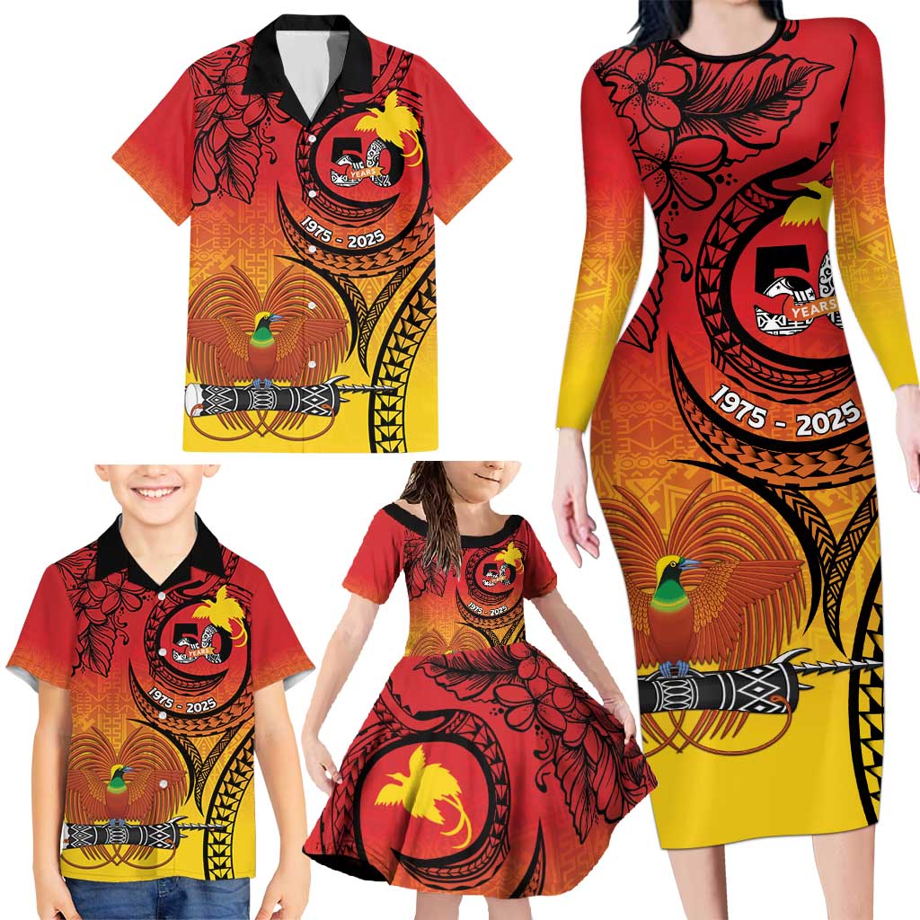 Papua New Guinea 50 Years Family Matching Long Sleeve Bodycon Dress and Hawaiian Shirt Motuan Motifs