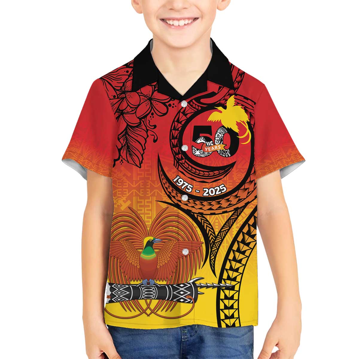 Papua New Guinea 50 Years Family Matching Off The Shoulder Long Sleeve Dress and Hawaiian Shirt Motuan Motifs