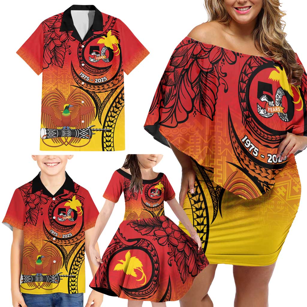 Papua New Guinea 50 Years Family Matching Off Shoulder Short Dress and Hawaiian Shirt Motuan Motifs